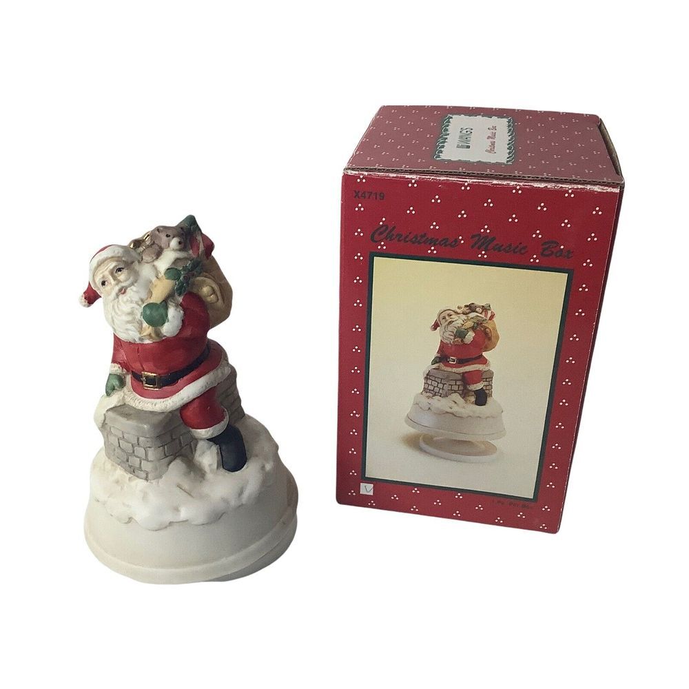 Vintage Christmas Music Box Santa‎ Claus Round Chimney X4719 Red White Gifts